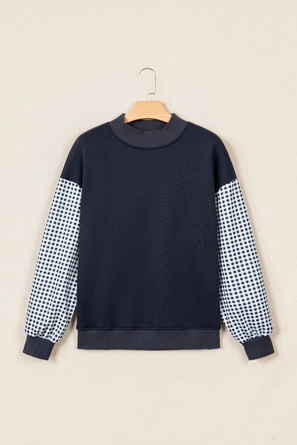 Black Plaid Sleeve Colorblock Loose Tunic Sweatshirt