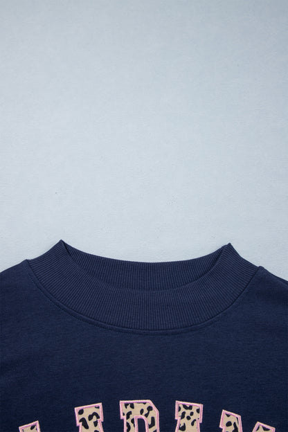 Dirty blue Embroidered Leopard Alabama High Neck Long Sleeve Tunic Sweatshirt