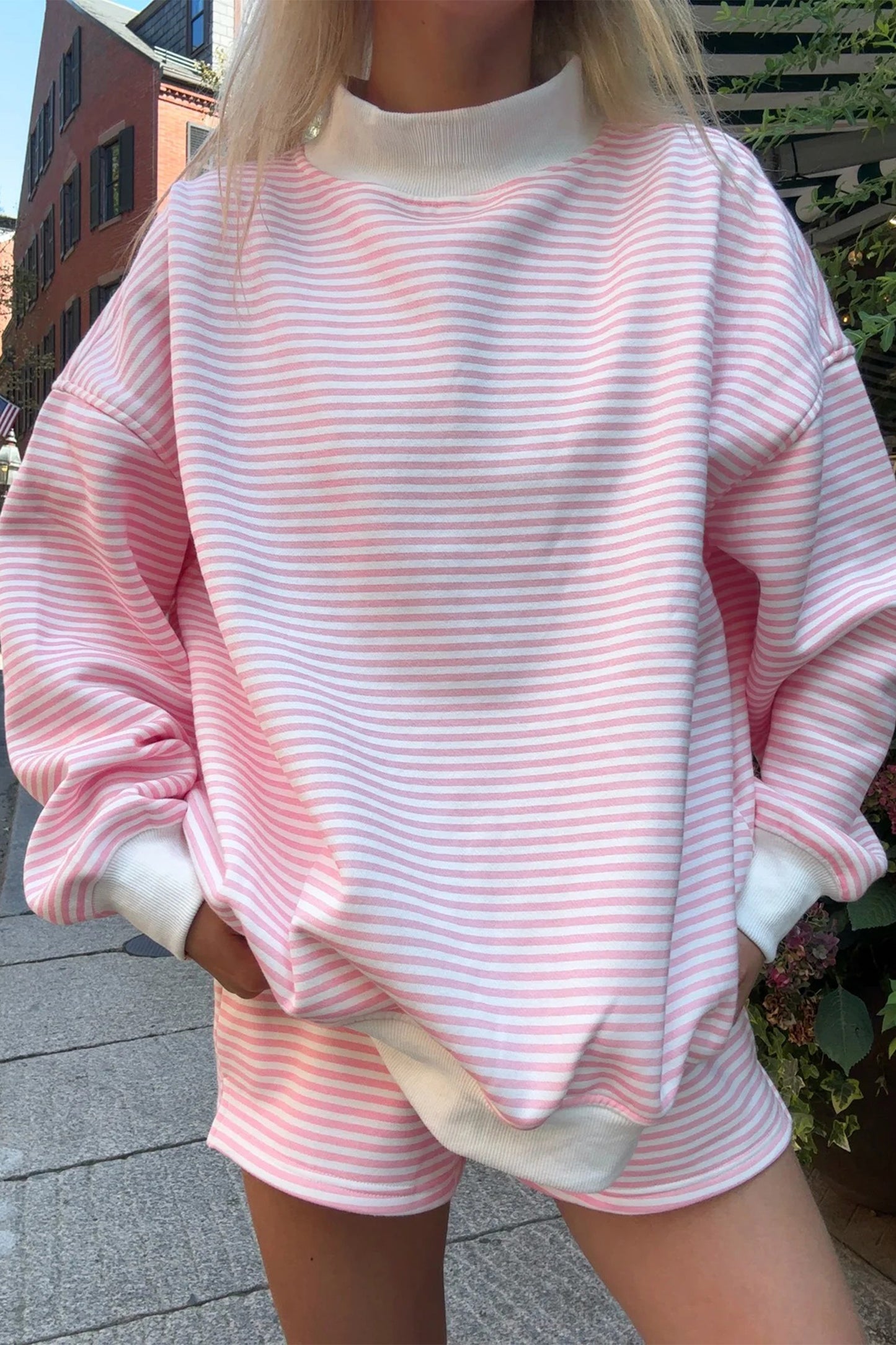 Red Stripe Oversize Mock Neck Sweatshirt and Shorts Set