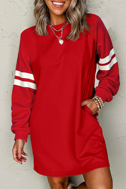 Fiery Red Varsity Contrast Banded Sleeve Shift Sweatshirt Dress