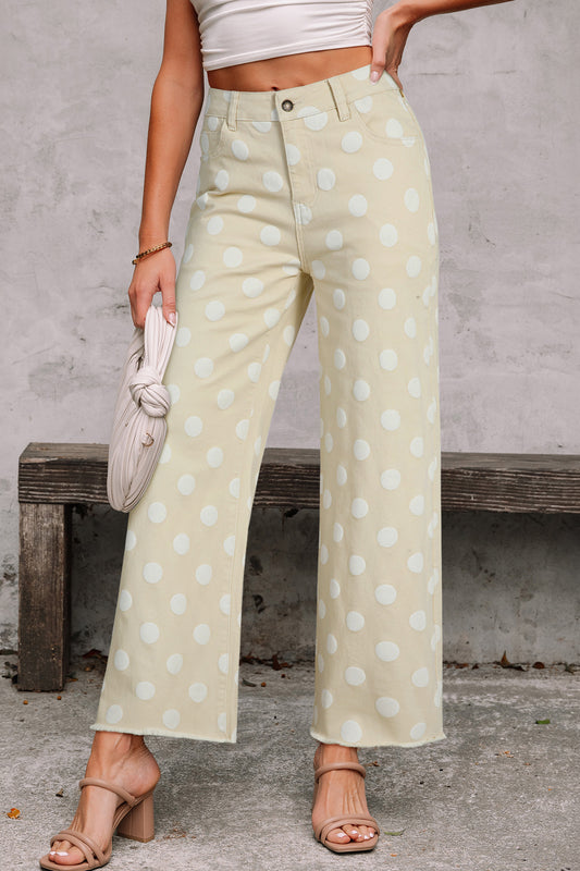 Khaki Polka Dot Print Raw Hem Shift Jeans