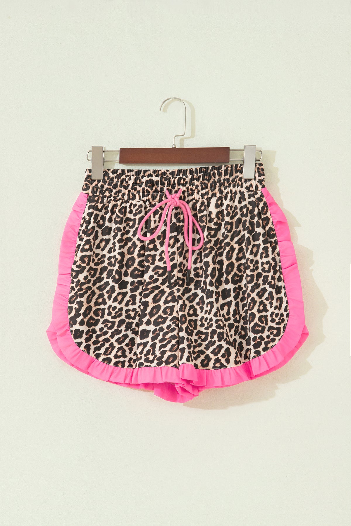 Khaki Leopard Print Contrast Ruffle Trim Shorts