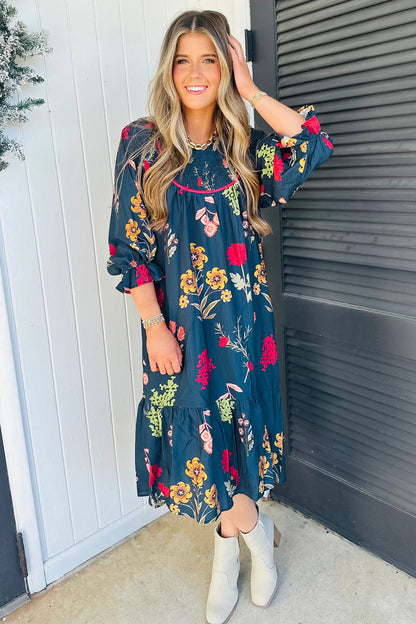 Blue Floral Print Gathered Neckline 7/8 Sleeve Casual Midi Dress