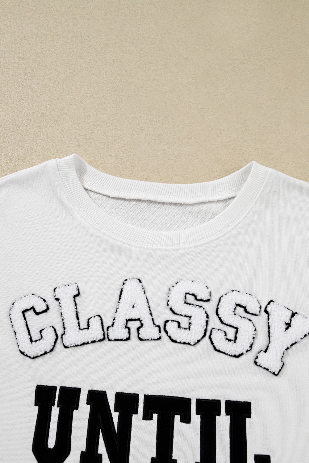 White CLASSY UNTIL KICKOFF Plush Letter Patched Loose Sweatshirt