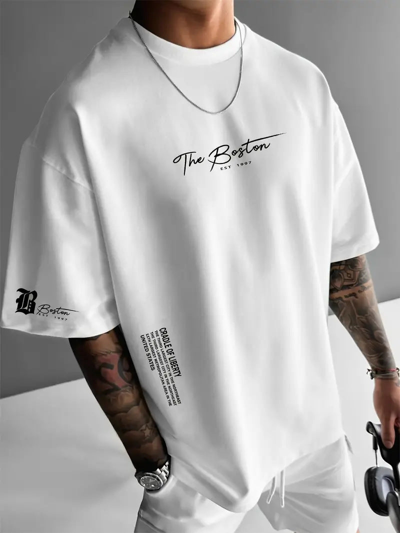 Cross-border New Trendy Brand Men's Round Neck Loose Casual Letter Short-sleeved T-shirt Top European Size