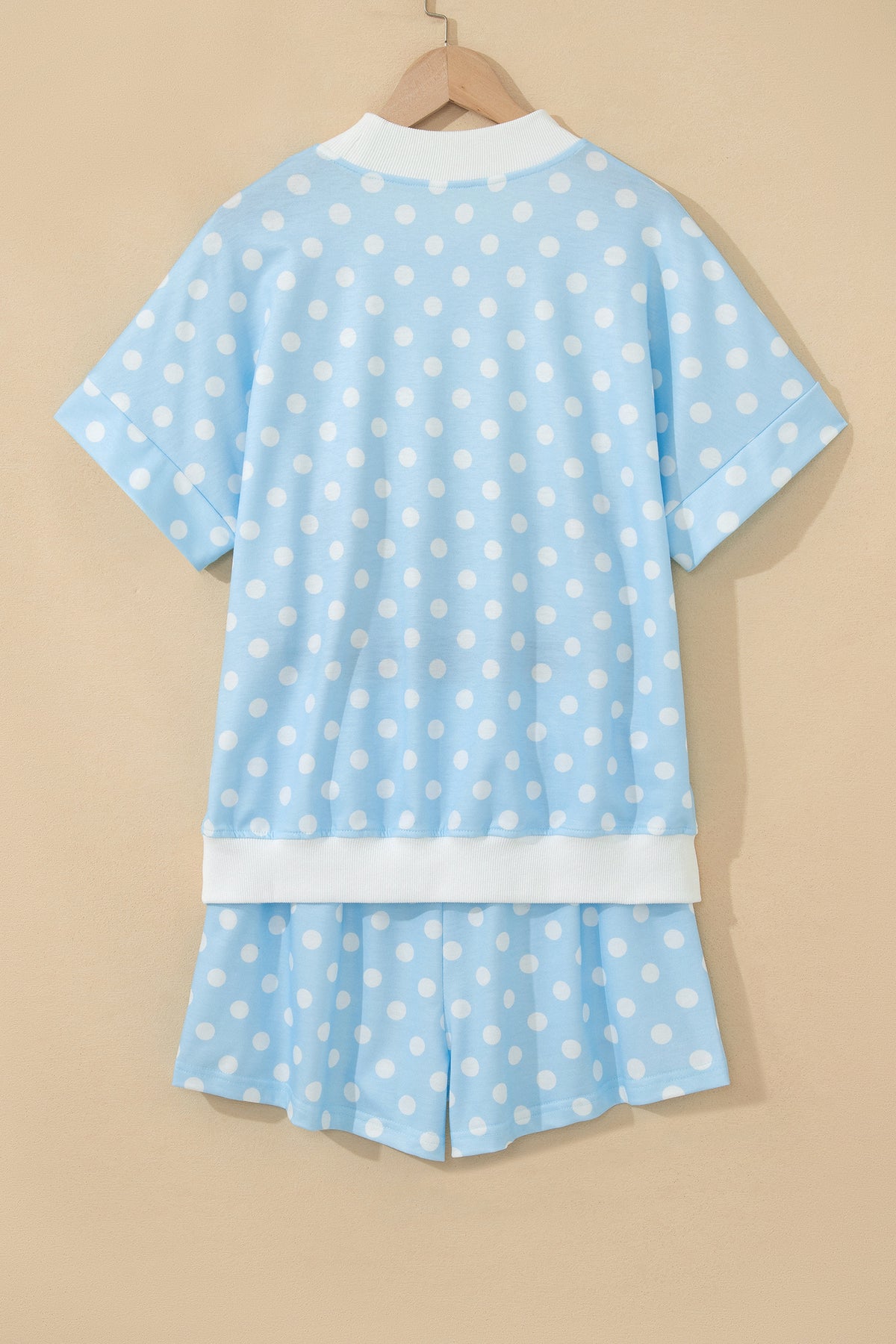 Green Polka Dot Print Color Block Trim Mock Neck Short Set