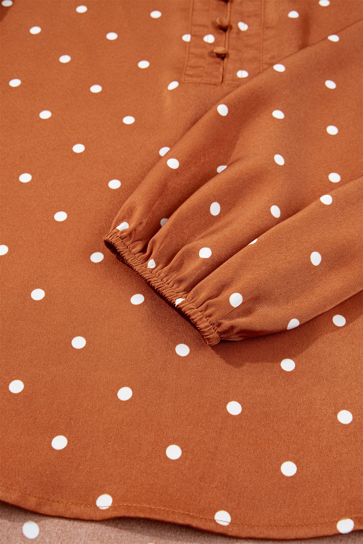 Brown Polka Dot Half Button V Neck Long Sleeve Blouse