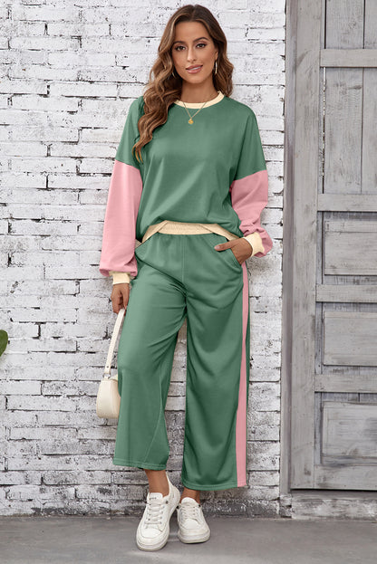 Blackish Green 2pcs Color Block Pullover Loose Pant Set