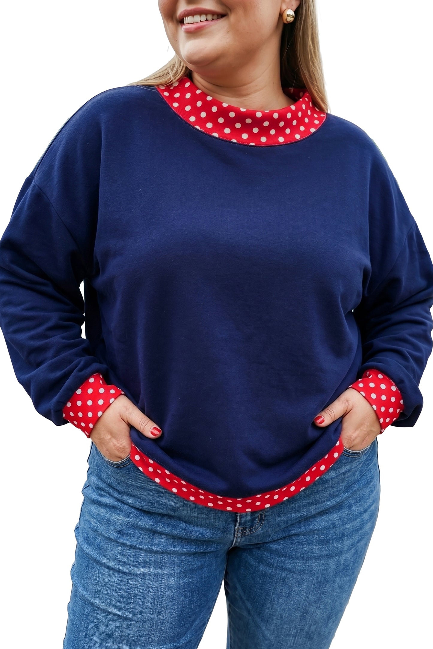 Racing Red Polka Dot Patchwork Round Neck Plus Size Sweatshirt