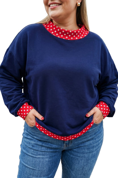 Racing Red Polka Dot Patchwork Round Neck Plus Size Sweatshirt