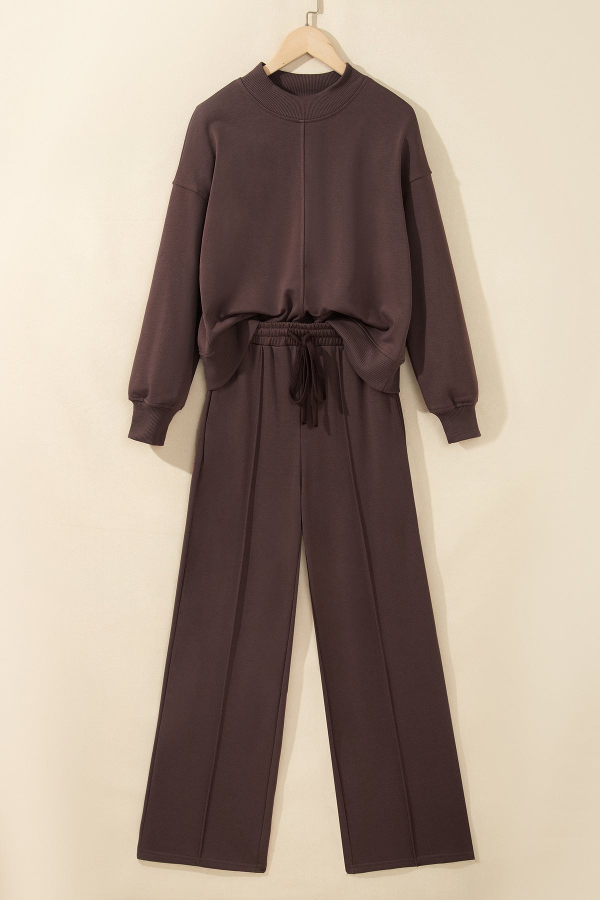 Coffee Solid Color Piping Trim Mock Neck Pullover Drawstring Pants Set