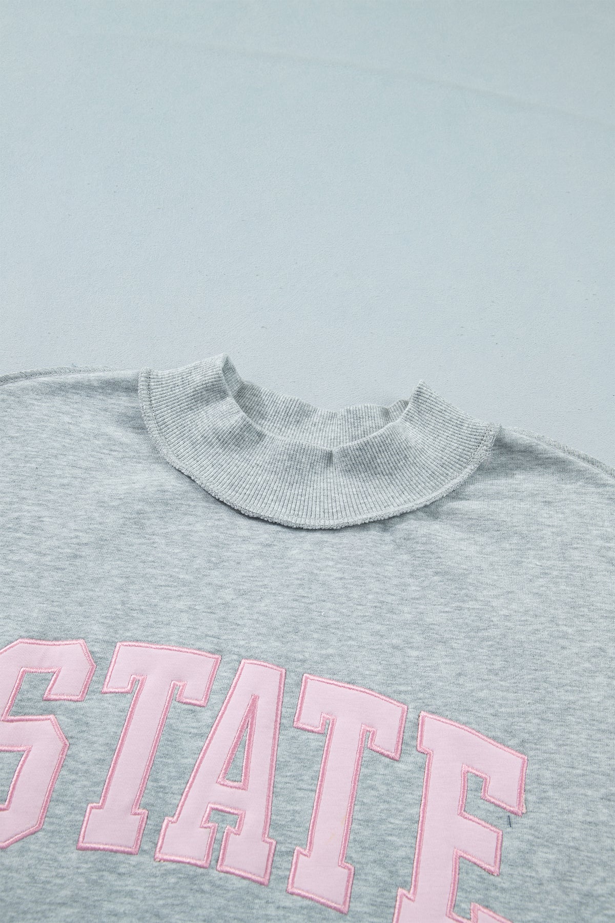 Light Grey Exposed Seam Mock Neck Letter Embroidered Loose Sweatshirt