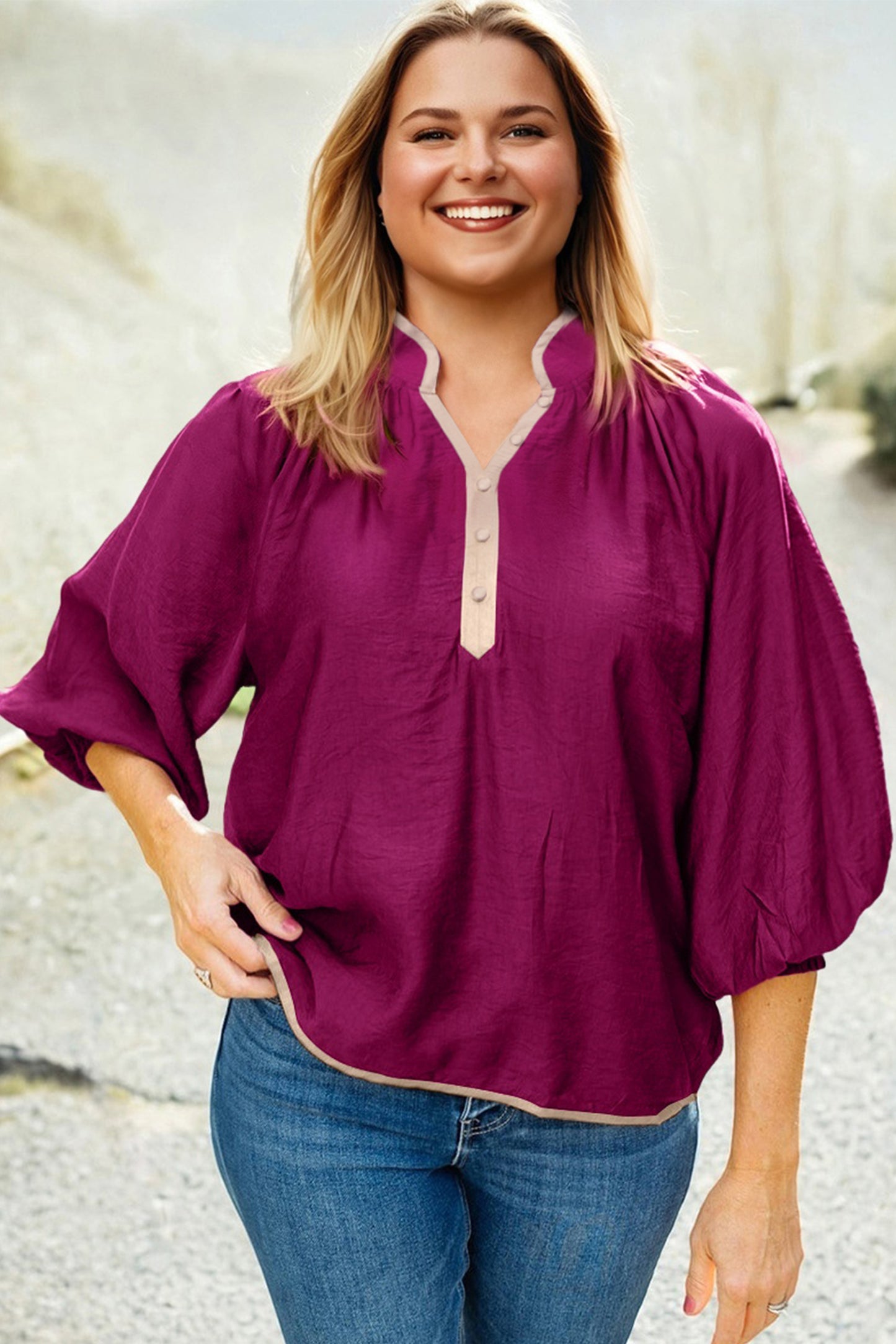 Wild Ginger Plus Size Contrast Trim Button V Neck Puffy Bracelet Sleeve Blouse