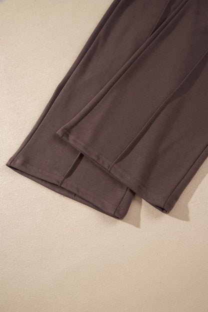 Coffee Solid Color Piping Trim Mock Neck Pullover Drawstring Pants Set