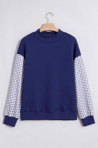 Black Plaid Sleeve Colorblock Loose Tunic Sweatshirt