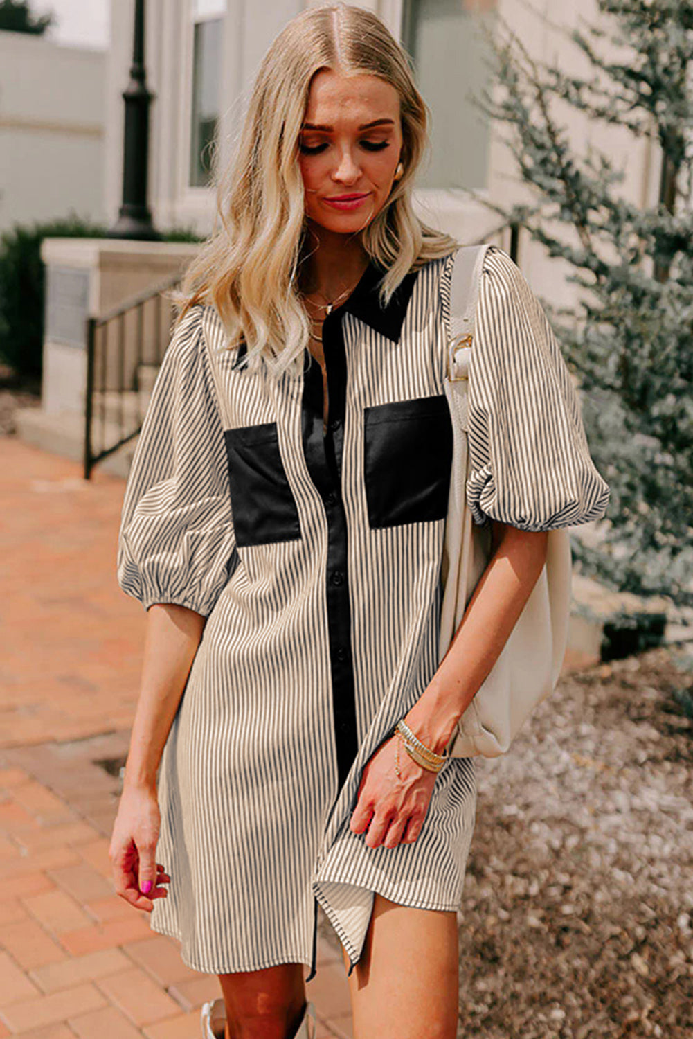 Sky Blue Stripe Color Block Patchwork Shirt Collar Button Down Puff Sleeve Mini Dress
