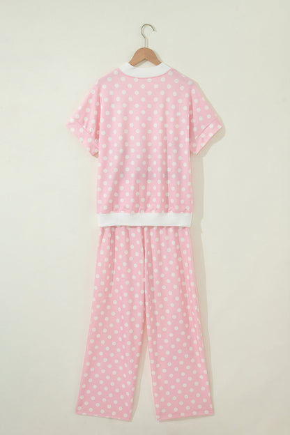 Pink Polka Dot Print Mock Neck Short Sleeve Top Shift Pant Set