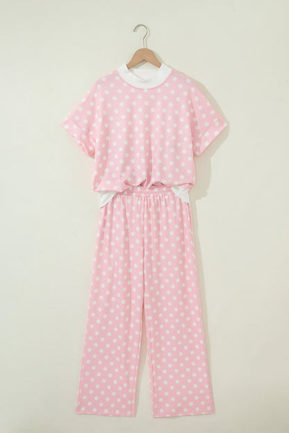 Pink Polka Dot Print Mock Neck Short Sleeve Top Shift Pant Set
