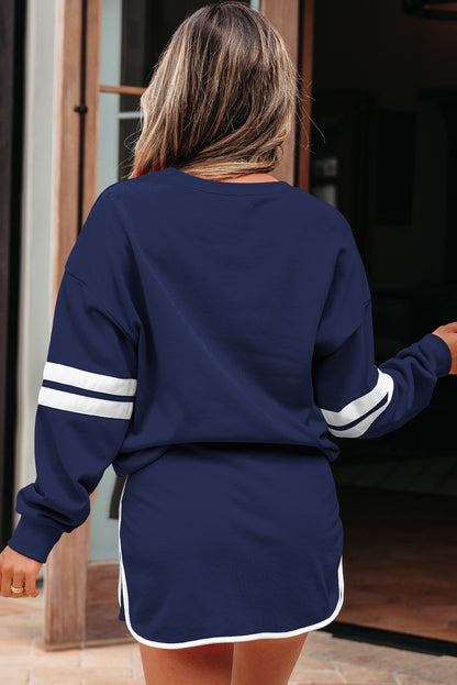 Orange Varsity Stripe Detail Drop Shoulder Pullover Mini Skort Set