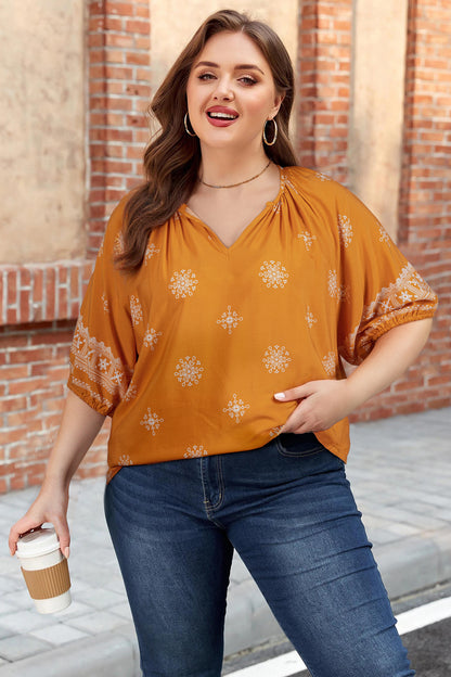 Black Boho Chic Notched V Neck Plus Floral Short Sleeve Top