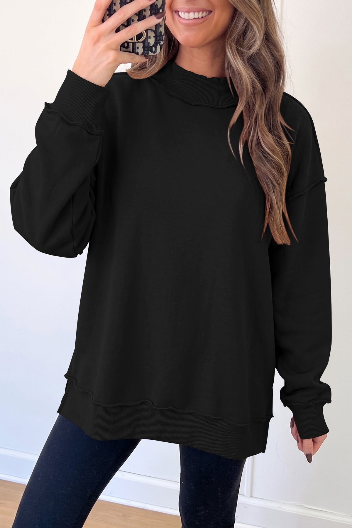 Coffee Oversize Drop Shoulder Reversible Mock Neck Sweatshirt