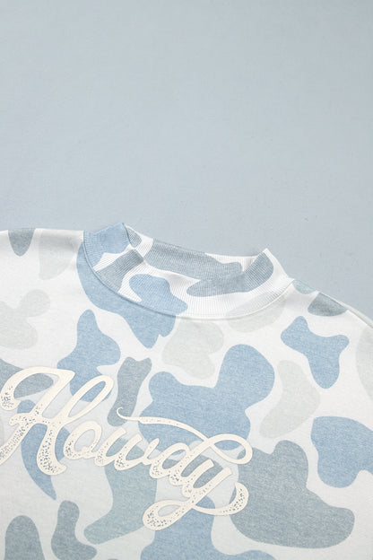 Multicolour Camo Print Howdy Western Style Baggy Pullover Sweatshirt