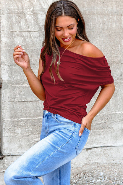 Coffee Plus Size Solid Color Asymmetric Neck Short Sleeve Blouse
