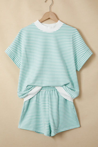 Green Stripe Cuffed Sleeve Contrast Mock Neck Tee Casual 2pcs Short Set