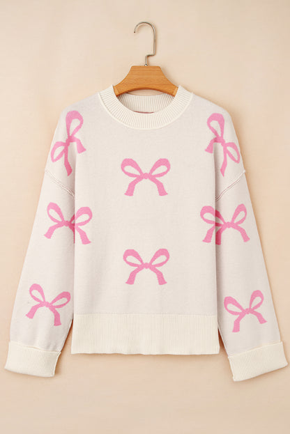 Pink Bow Print Ribbed Trim Exposed Seam Drop Shoulder Loose Sweater