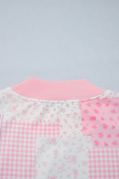 Light Pink Patchwork Floral Print Drop Shoulder Baggy Pullover Drawstring Shorts Set