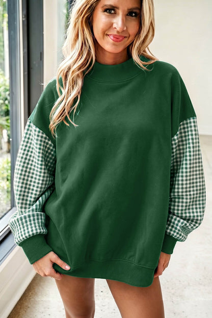 Black Plaid Sleeve Colorblock Loose Tunic Sweatshirt