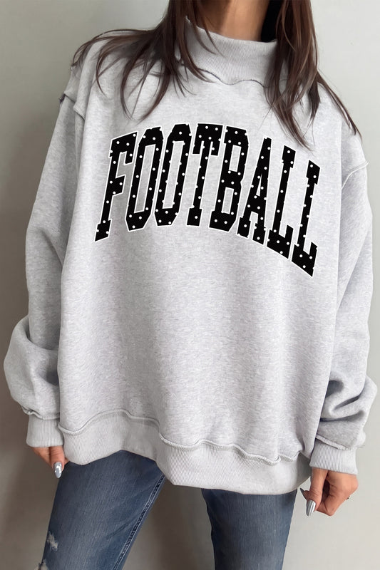 Light Grey Polka Dot Football Letter Print Mock Neck Long Sleeve Pullover Sweatshirt