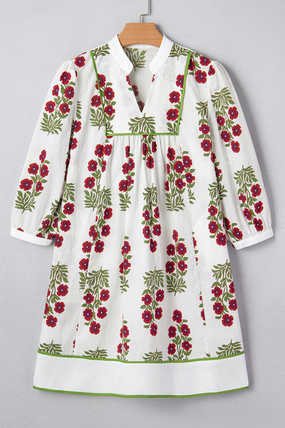 White Frilled V Neck 3/4 Sleeve Loose Floral Dress
