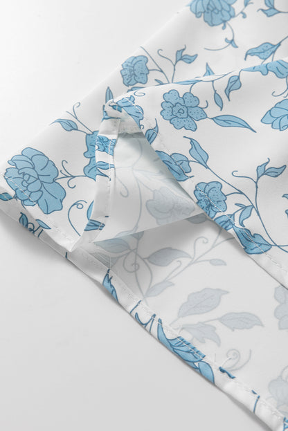 Sky Blue Floral Contrast Bow Puff Sleeve Mini Dress