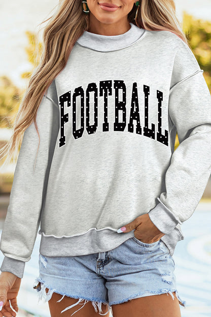 Light Grey Polka Dot Football Letter Print Mock Neck Long Sleeve Pullover Sweatshirt