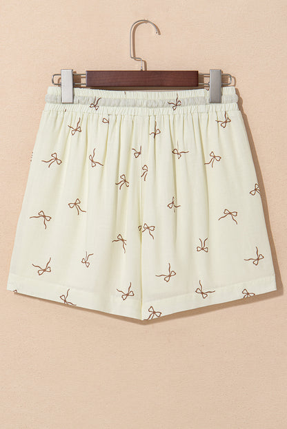 White Bow Print Lace Drawstring Elastic Waistband Casual Shorts