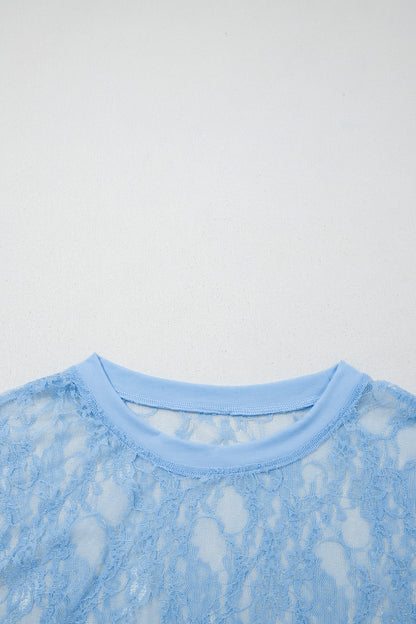Beau Blue Sheer Floral Lace Boxy Tee