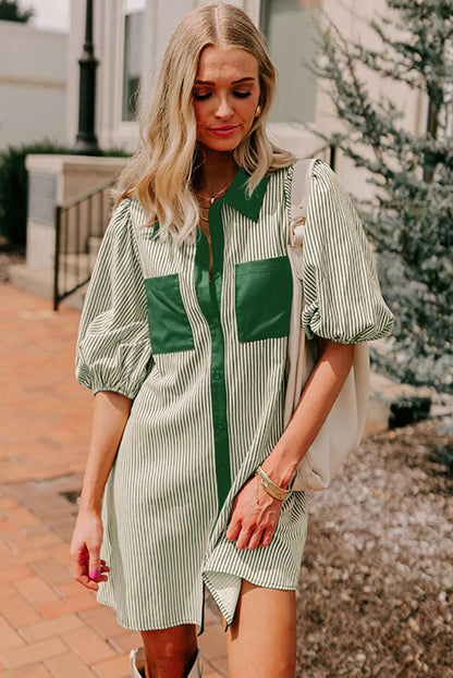 Sky Blue Stripe Color Block Patchwork Shirt Collar Button Down Puff Sleeve Mini Dress