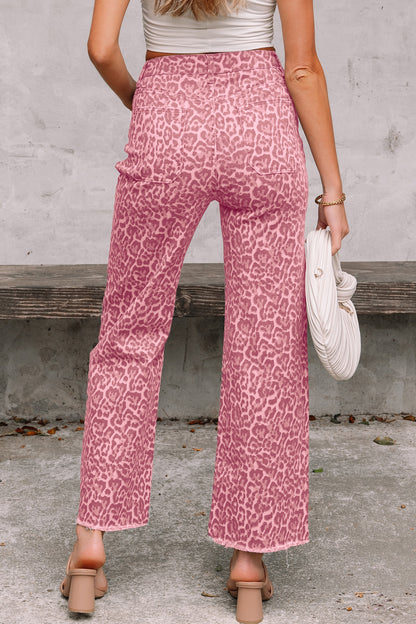 Gray Leopard Frayed Edge Wide Leg High Waist Jeans