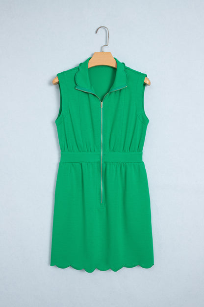 Bright Green Sleeveless Zip Front Scallop Hem Mini Dress