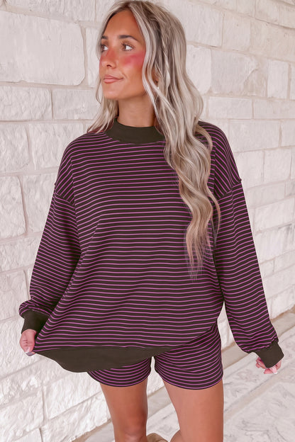 Pink Stripe Ribbed Patchwork Mock Neck Baggy Pullover Matching Shorts Set