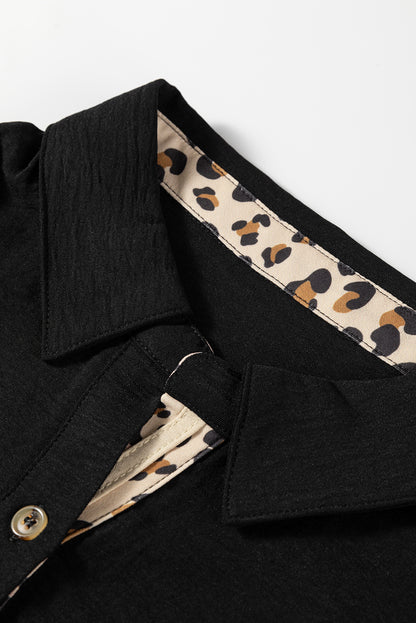 Black Contrast Leopard Print Patchwork Polo Collar Buttons Front Ruffled Long Sleeve Blouse