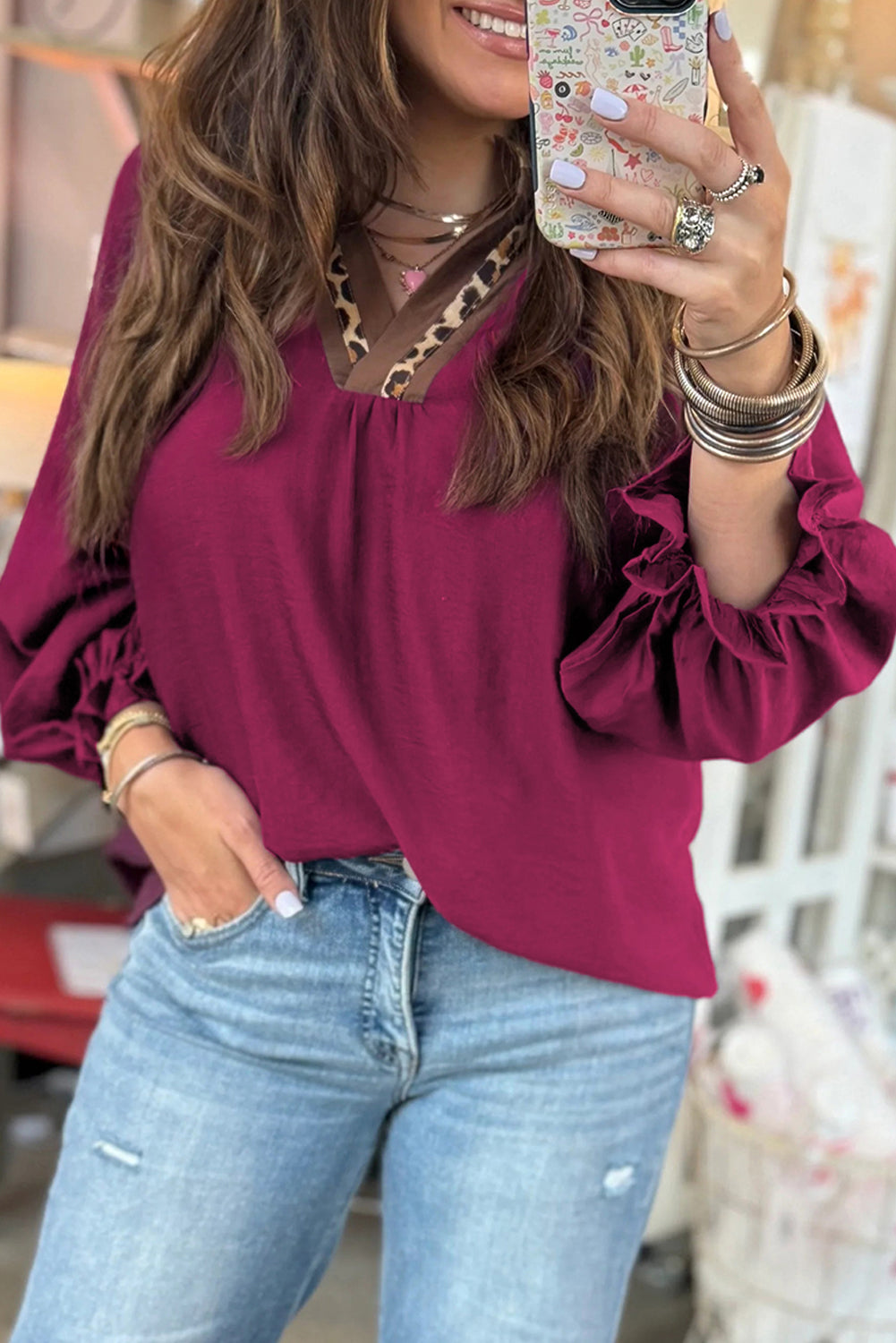 Violet Leopard Trim V Neck Flounced Bracelet Sleeve Blouse