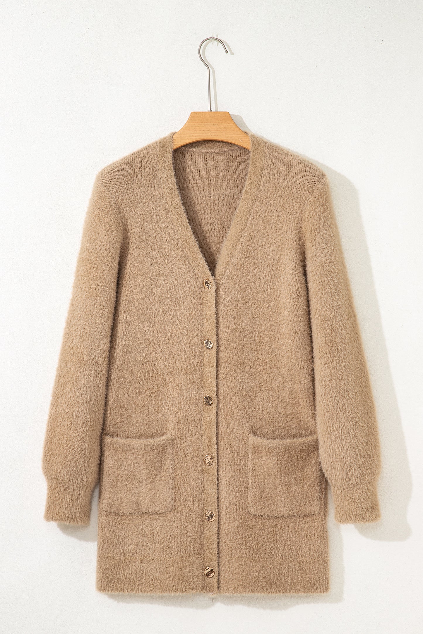 Smoke Gray Fuzzy Buttoned Front Midi Solid Cardigan