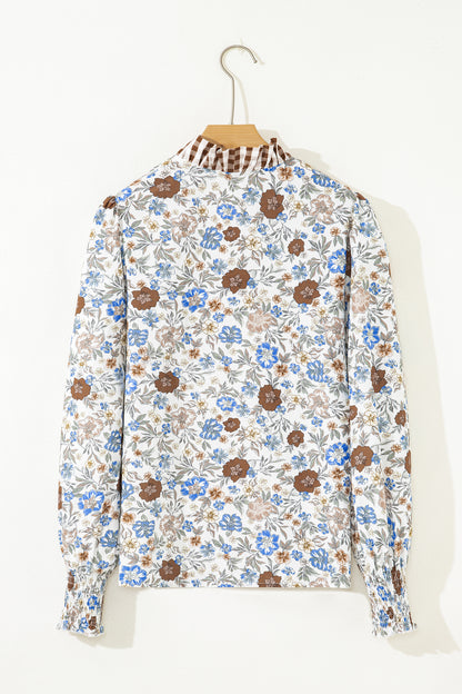 Brown Plaid Frilled Trim V Neck Floral Long Sleeve Blouse