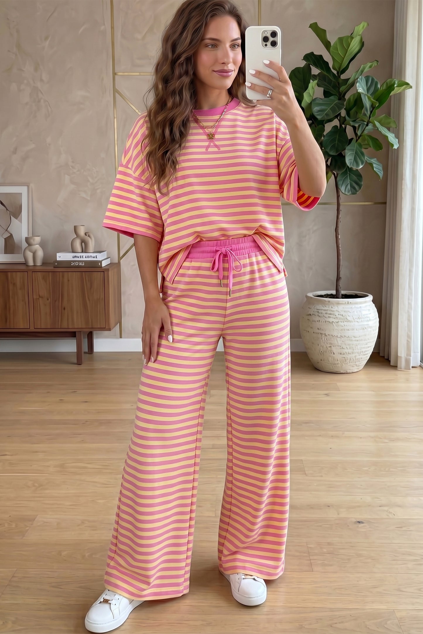 Yellow Stripe Colorblock Trim Crew Neck Loose Tee Drawstring Elastic Waist 2pcs Pant Set