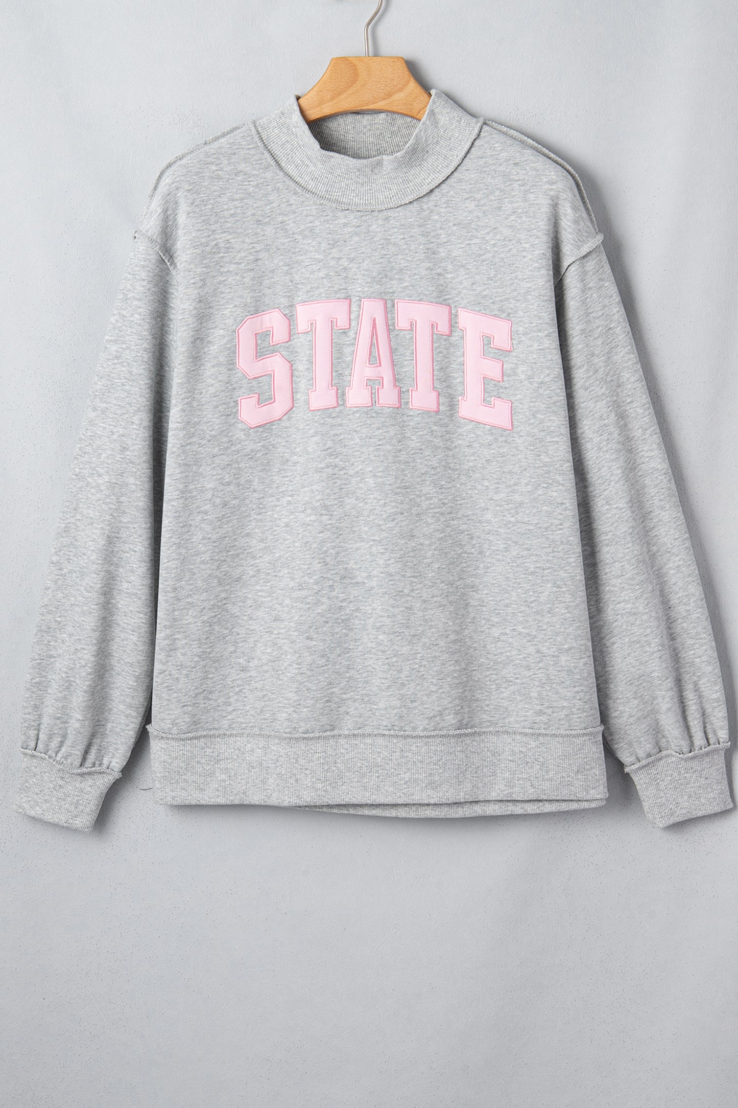 Light Grey Exposed Seam Mock Neck Letter Embroidered Loose Sweatshirt