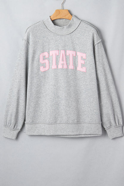 Light Grey Exposed Seam Mock Neck Letter Embroidered Loose Sweatshirt