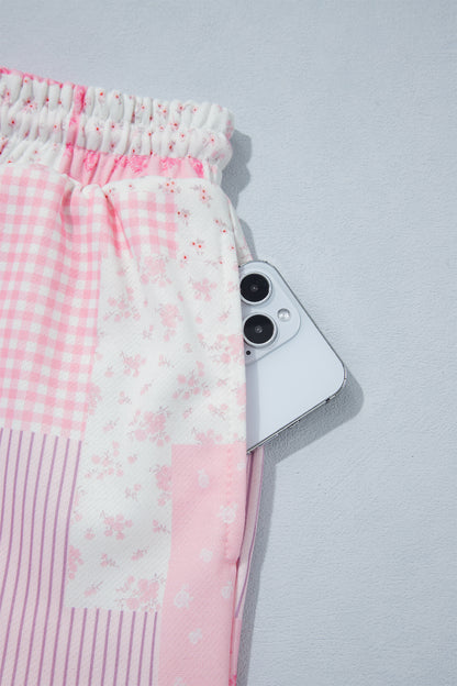 Light Pink Patchwork Floral Print Drop Shoulder Baggy Pullover Drawstring Shorts Set