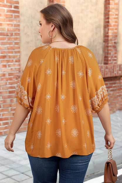 Black Boho Chic Notched V Neck Plus Floral Short Sleeve Top